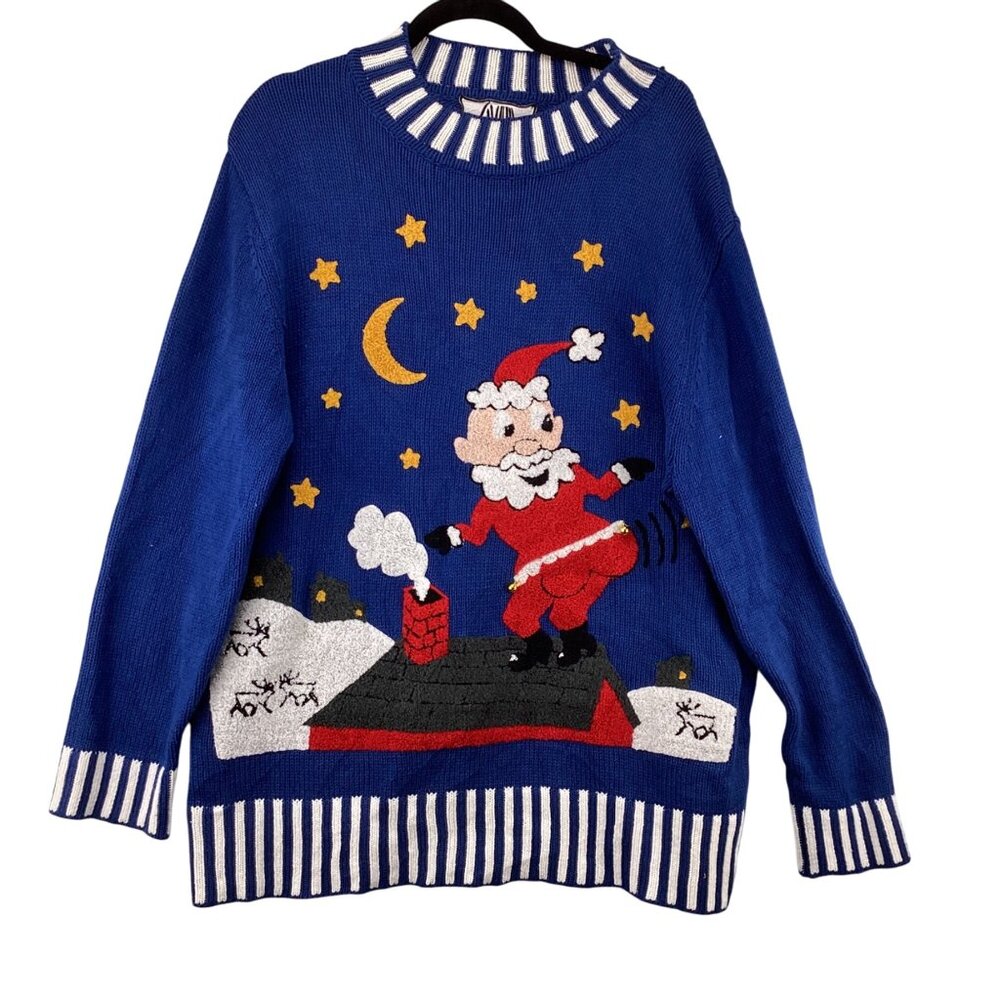 Christmas Men’s Sweater Santa Jingle Blue Size XL Xlarge‎ Booty Santa Bells